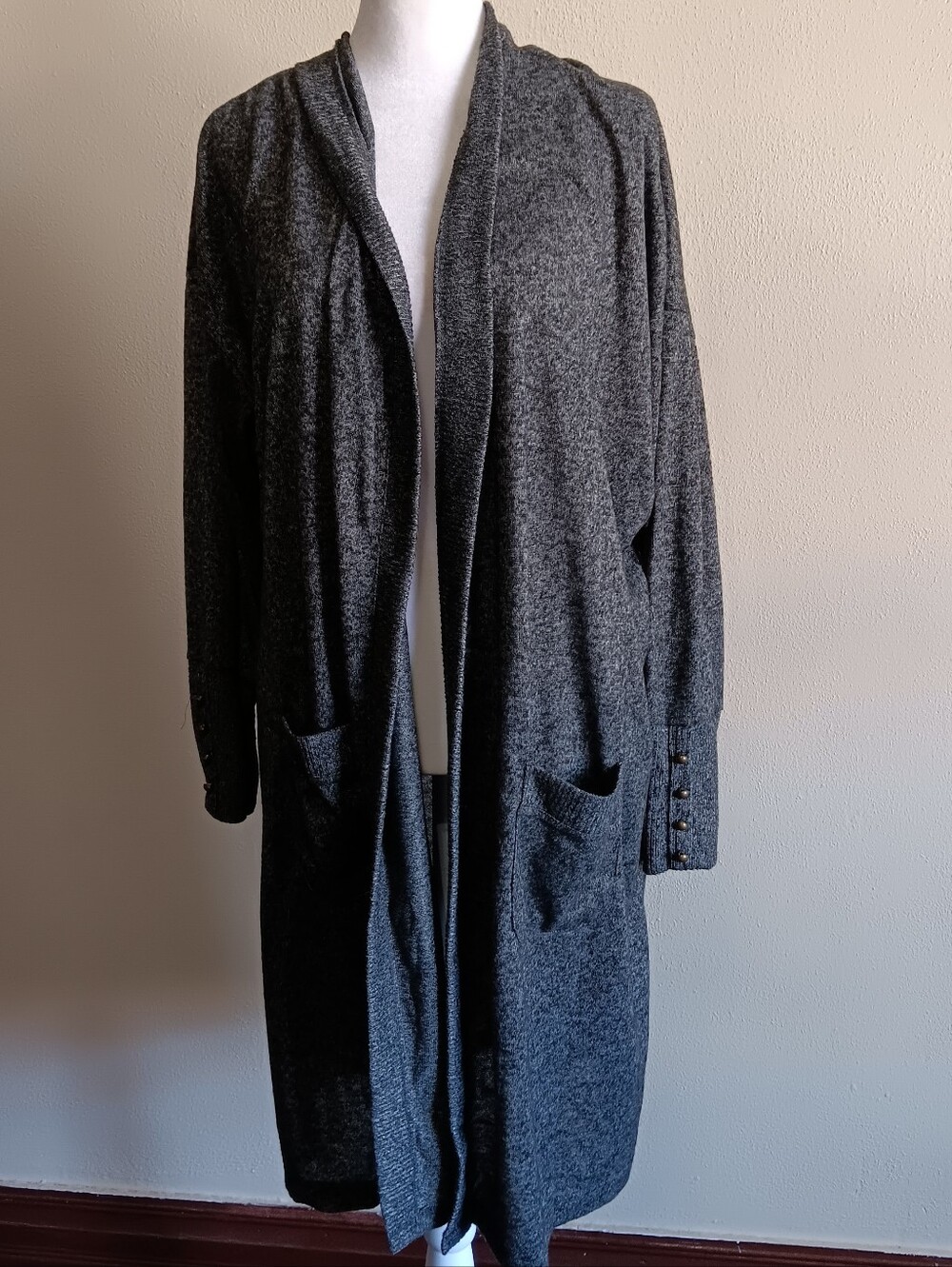Long Dark Gray Open Front Womens 2X Plus Cardigan Sweater, Soft Fall, Casual - Picture 2 of 6